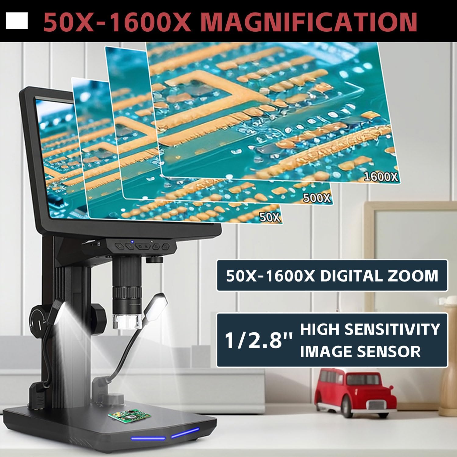 Microscopio digital HDMI, pantalla de 10.1 pulgadas, microscopio de moneda 1600X, imagen de video 1440P de 48 MP, aumento recargable para adultos,