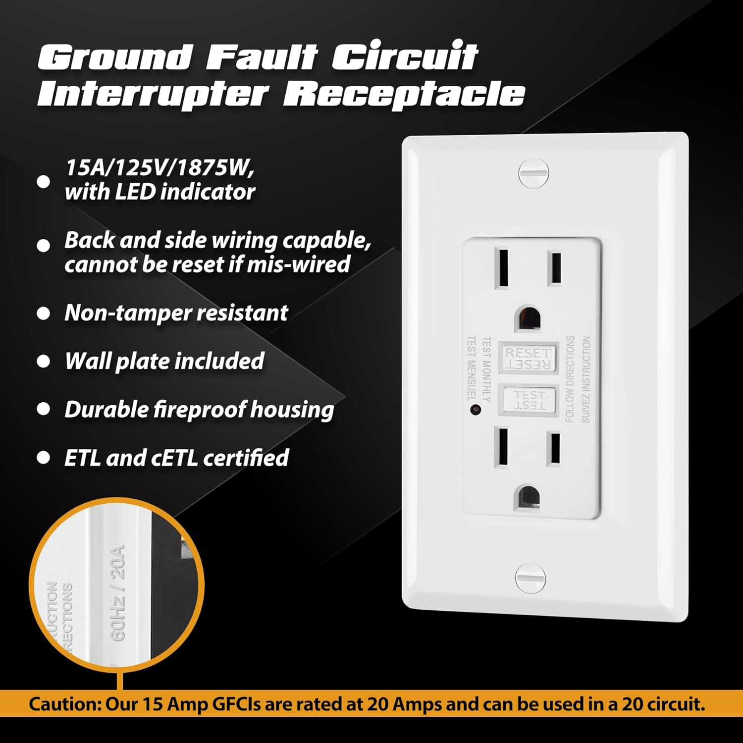 ELECTECK Paquete de 5 salidas GFCI de 15 amperios, no resistentes a manipulaciones, receptáculos GFI decorativos con indicador LED, interruptor de
