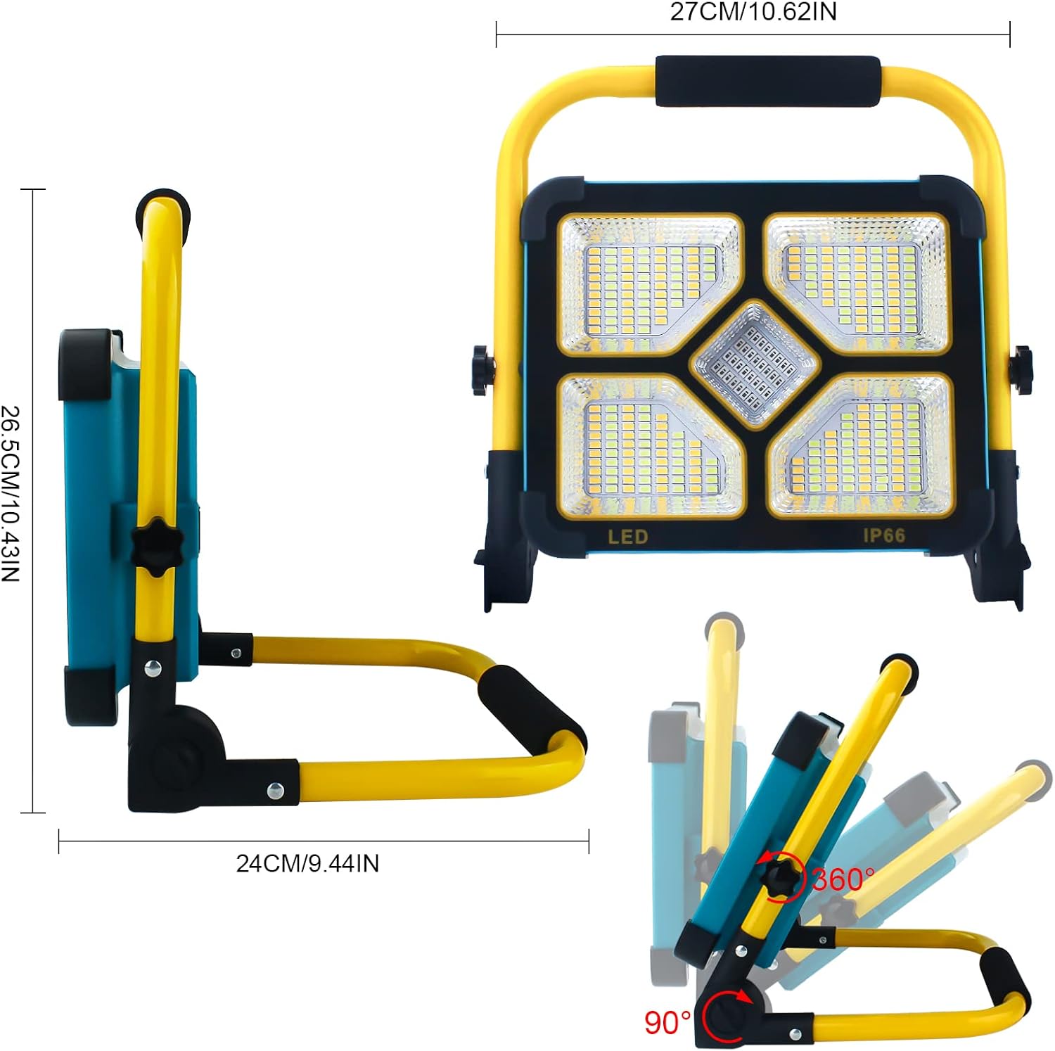 Luz de trabajo recargable LED, luz de construcción portátil con soporte y batería de 10500 mAh, carga solar y tipo C, 4 modos de iluminación, ideal