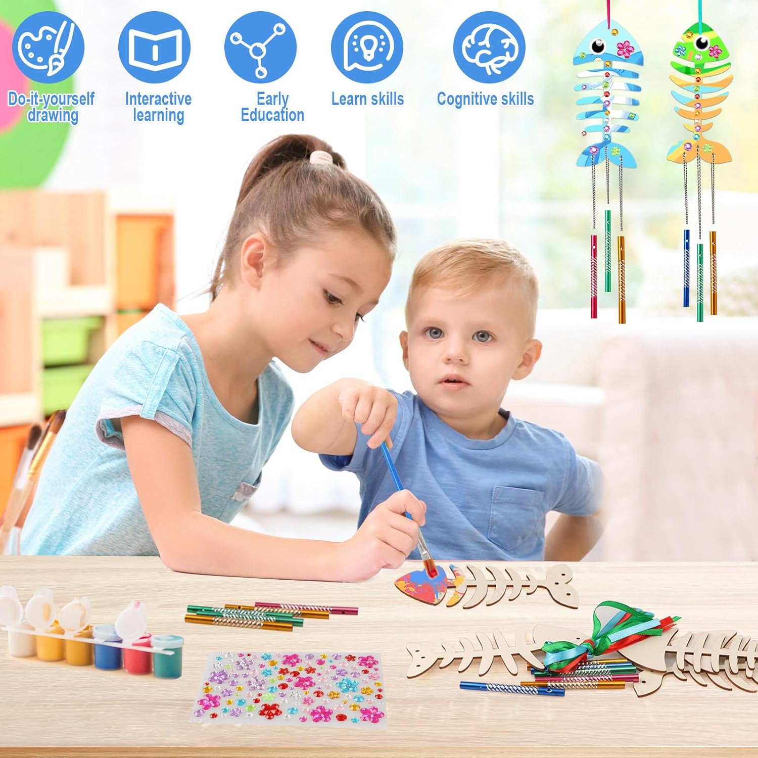 Beria Kits de campanillas de viento para niños, paquete de 12, haz tu propio carillón de viento de pescado, manualidades de madera para niños,