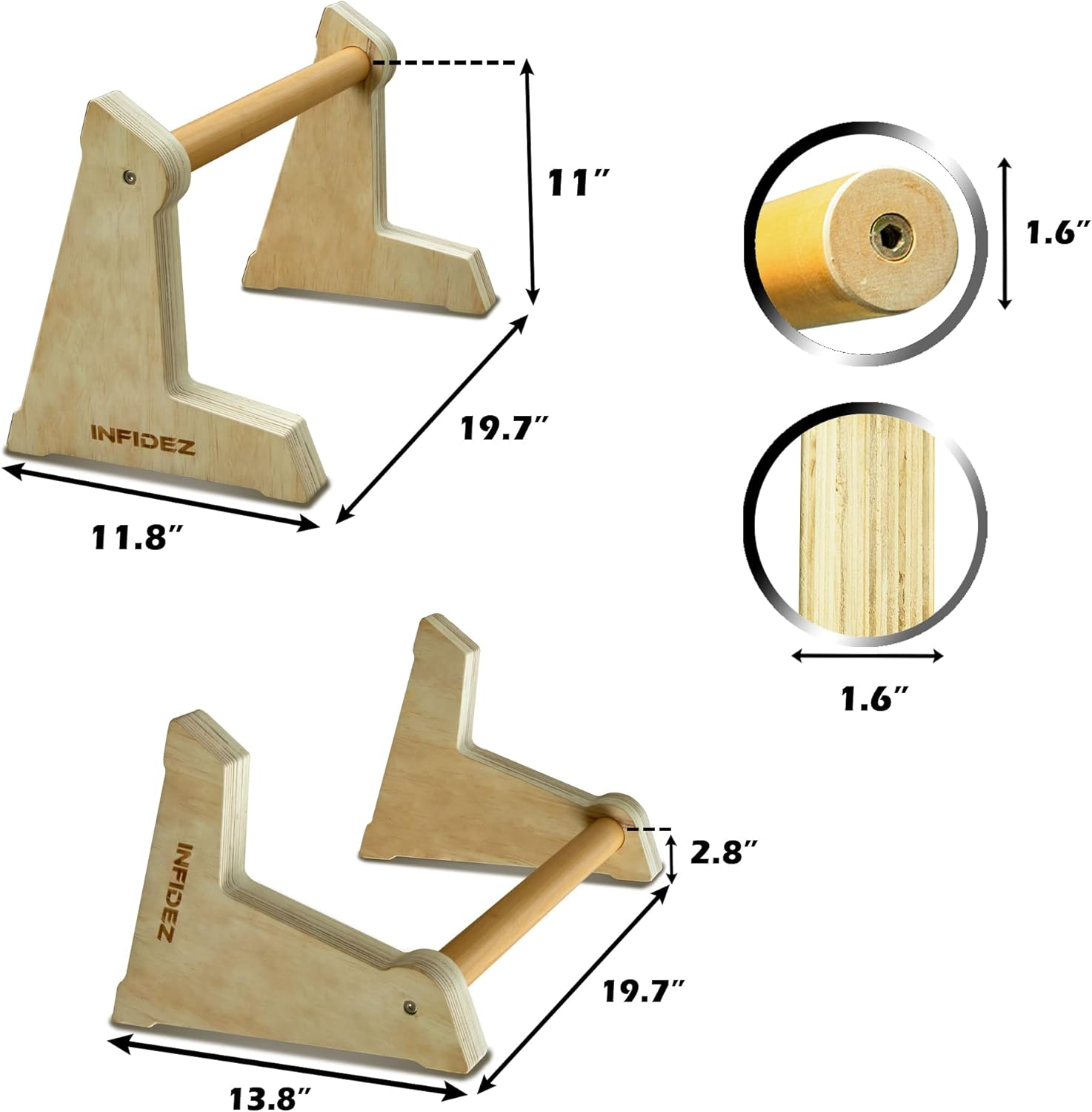 Paraletas de madera ajustables de altura de 20 x 12 pulgadas y barras de empuje, barras paralelas de gimnasia antideslizantes, barras de pie, equipo