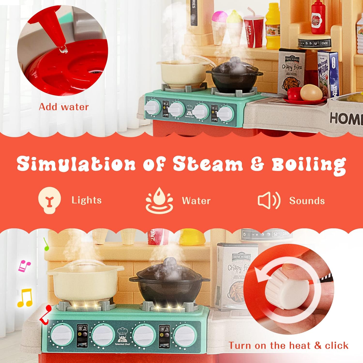 HONEY JOY Juego de cocina para niños, cocina grande de plástico con luces y sonidos realistas, música, función de agua corriente y vapor, 69