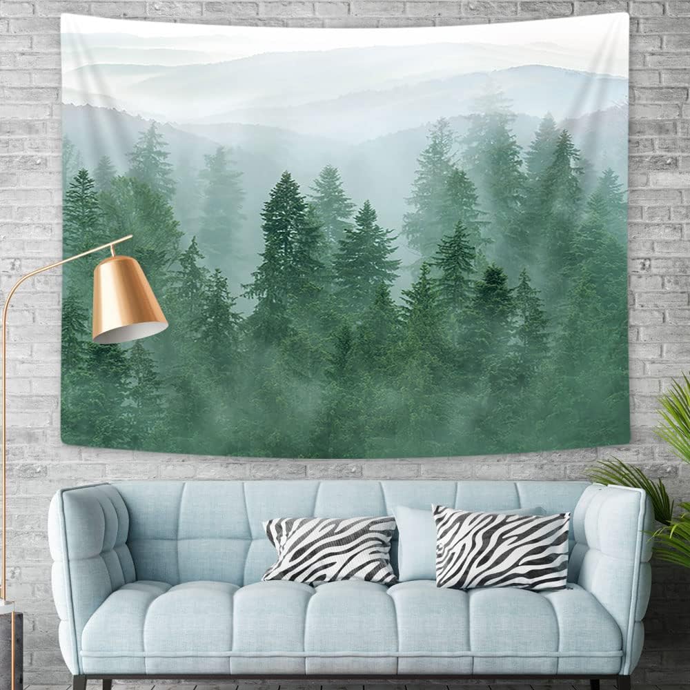 Boziqr Tapiz de bosque verde con árbol brumoso de montaña, tapiz de pared para sala de estar, dormitorio, 60 x 40 pulgadas