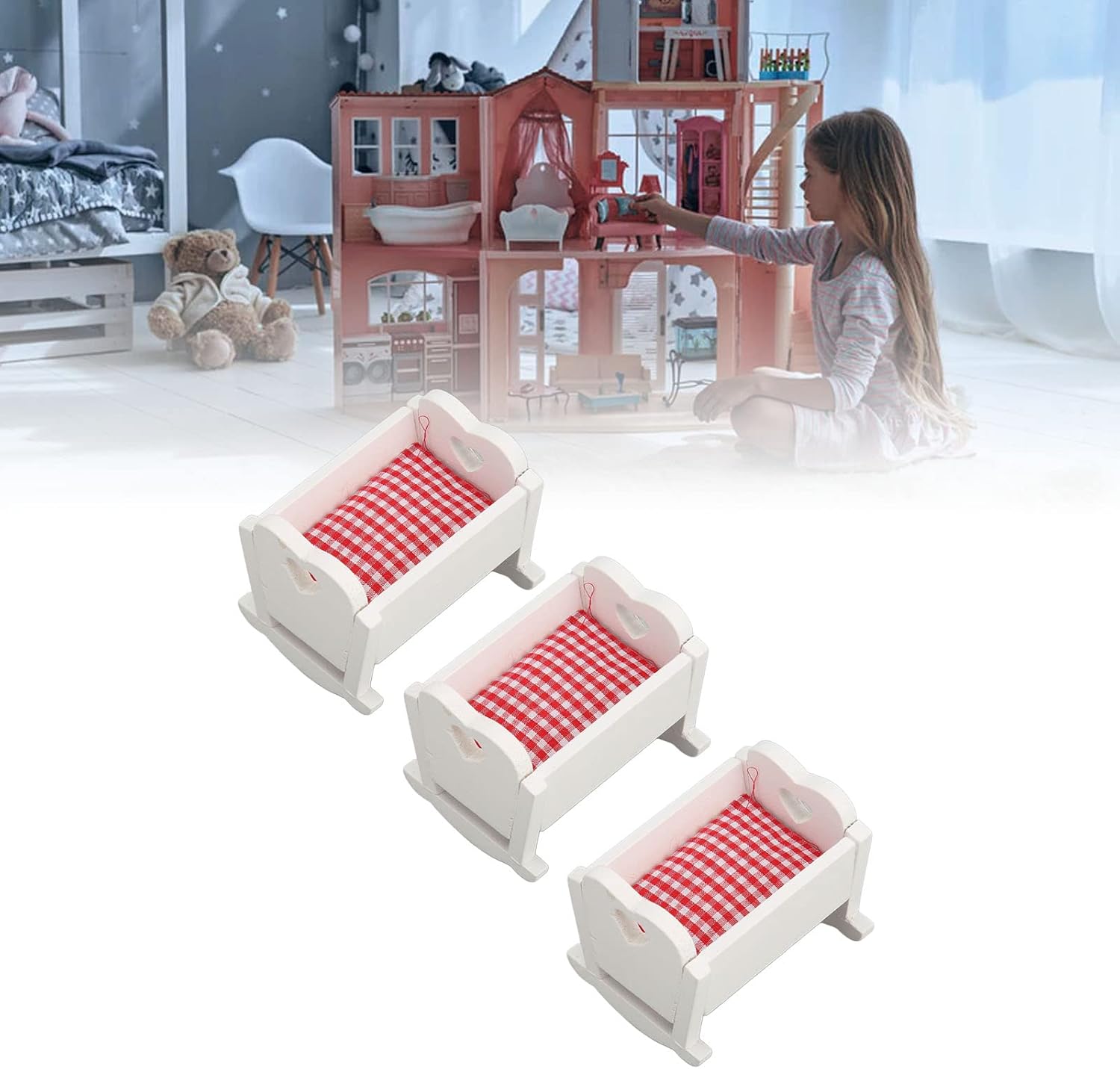 Keenso Cuna en miniatura, 3 piezas de madera de pino duradera, cuna de bebé, casa de muñecas realista, mini cuna para casa de muñecas a escala de