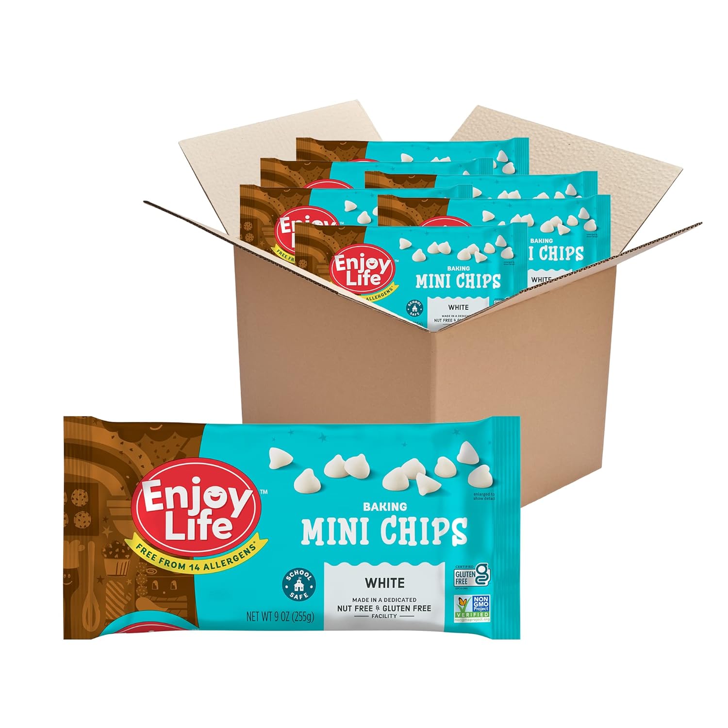 Enjoy Life – Chips blancos para hornear, sin lácteos, soja y nueces, sin OMG, sin gluten, chips de chocolate veganos, 9 onzas (paquete de 6), hornea