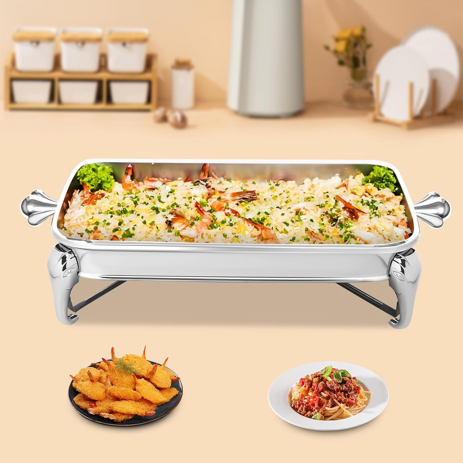 Fetcoi Juego de bufé de platos de 2.6 cuartos de galón  Servidores y calentadores de bufé de acero inoxidable, platos de roce para horno, calentador