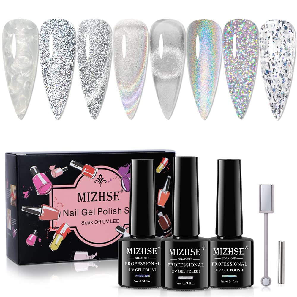 MIZHSE Juego de 8 esmaltes de uñas de gel con purpurina plateada, estilo múltiple todo en 1, brillo reflectante, arco iris, ojo de gato, esmalte de