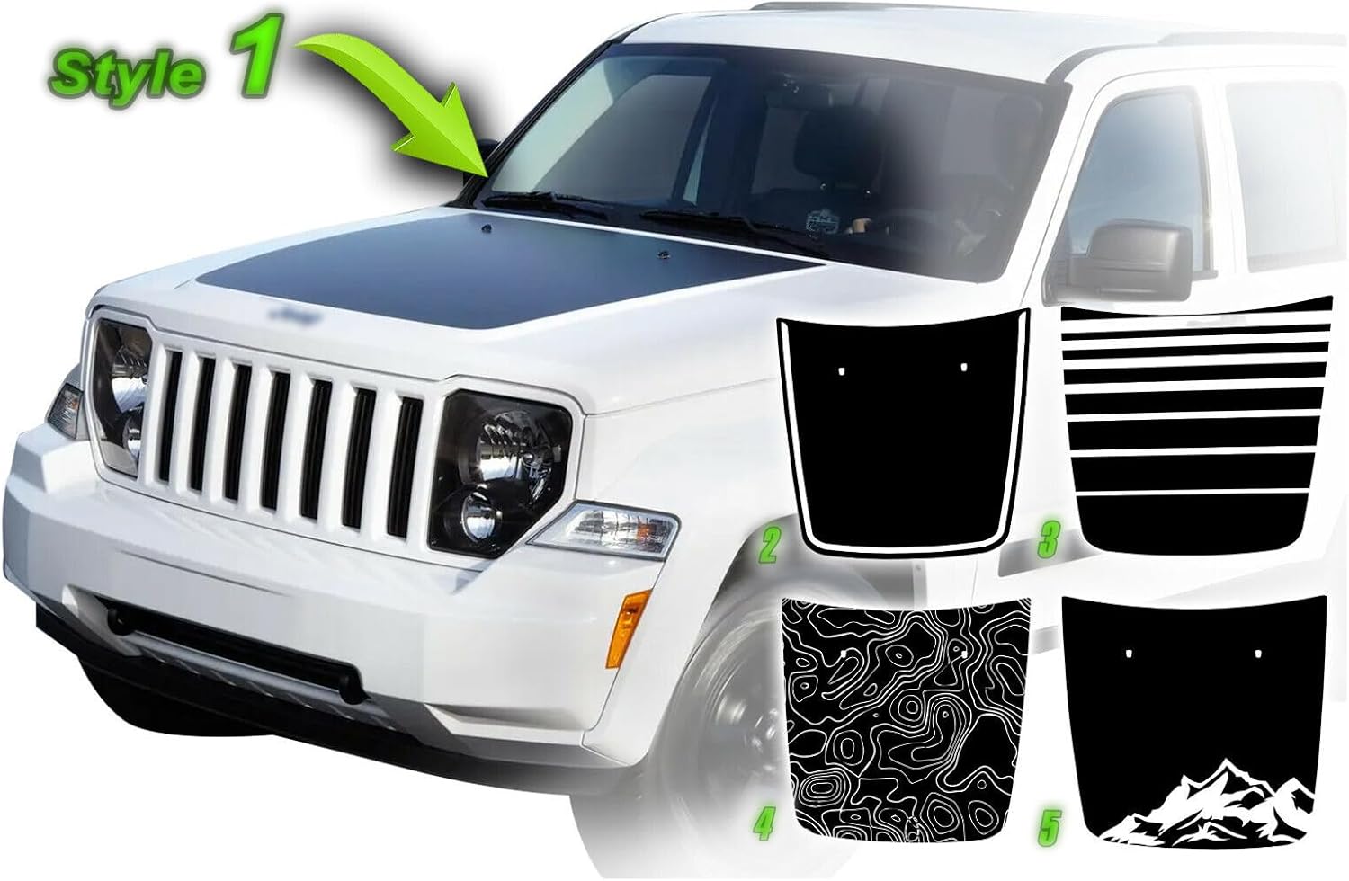 Calcomanía de vinilo con diseño de rayas opacas con diseño de rayas negras o negras compatibles con Jeep Liberty 2008-2014 (estilo 5, negro