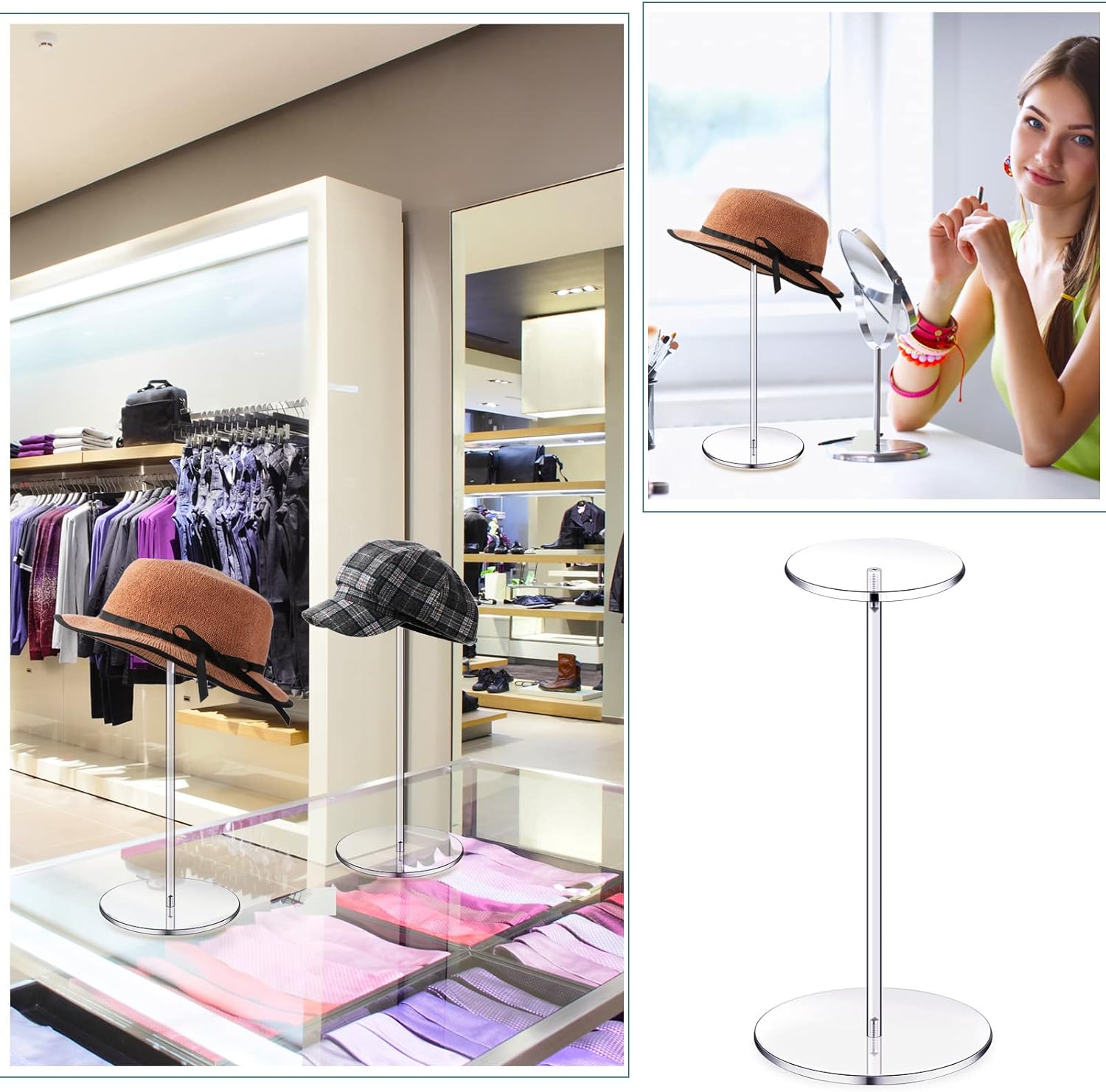 Chunful 4 juegos de soporte de acrílico para pelucas, soporte de pedestal transparente, soporte para sombreros de béisbol, soporte cuadrado redondo