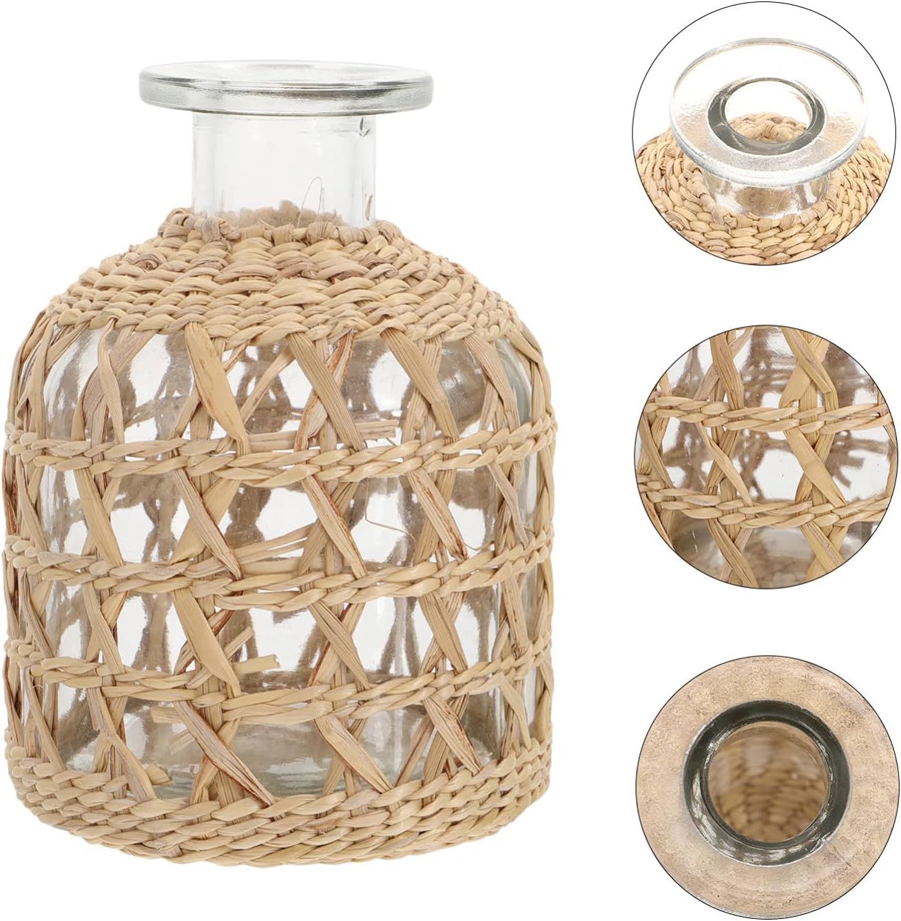 Housoutil 1 jarrón de mimbre de flores, jarrón redondo decorativo de vidrio con cubierta de ratán, recipiente de vidrio con pajita tejida para