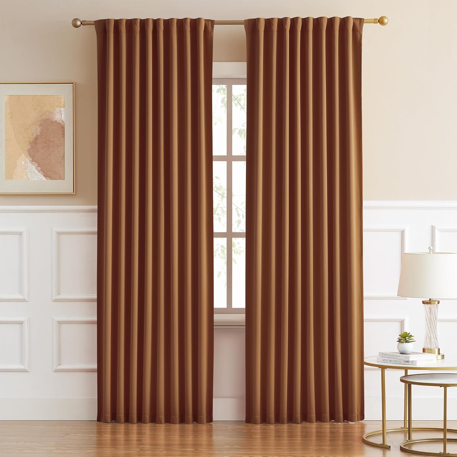 DUALIFE – Juego de 2 paneles de cortinas de estilo bohemio, plisadas, de mediados de siglo, con trabilla trasera, marrón caramelo, roble dorado,