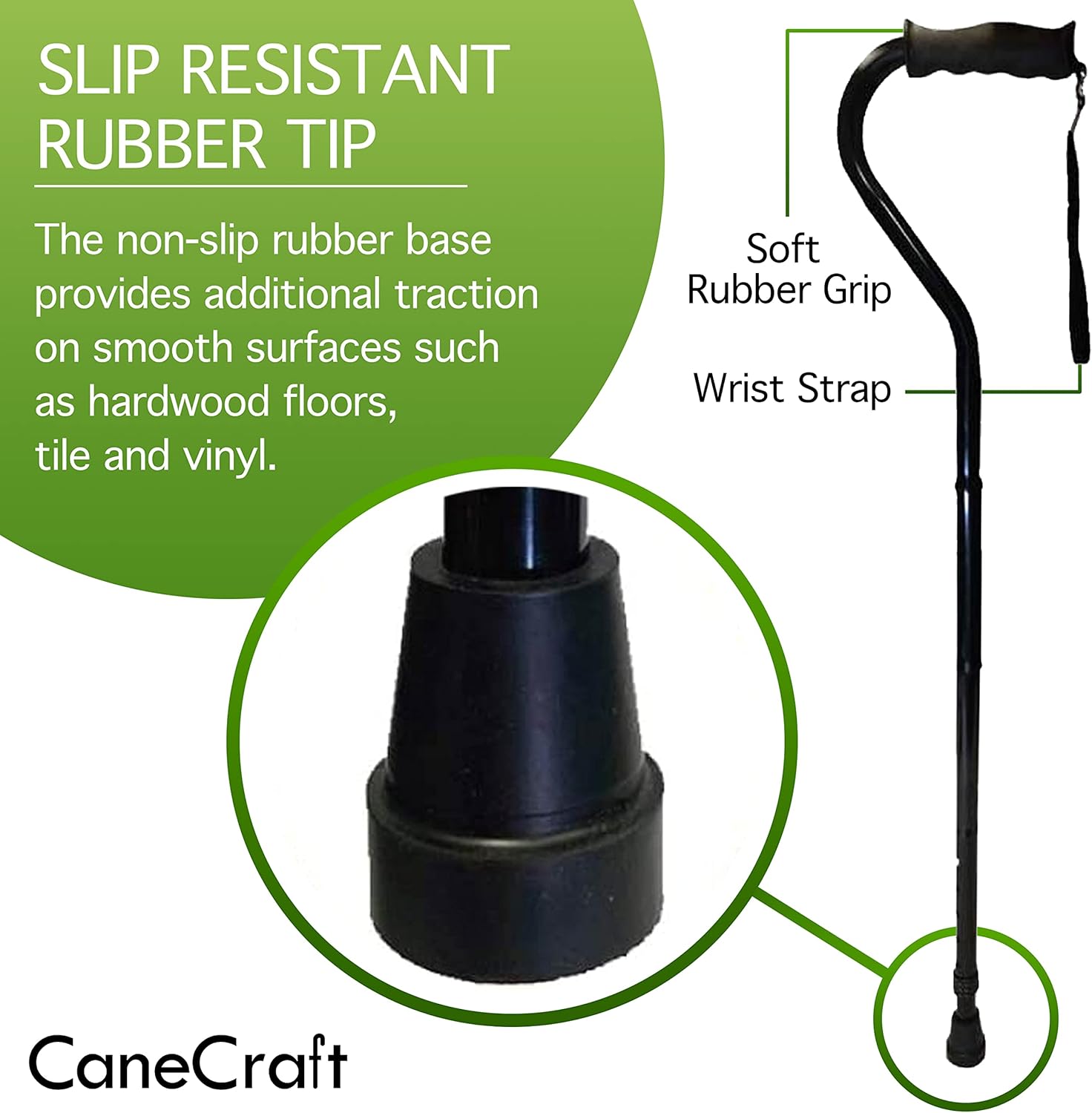 CaneCraft Bastón plegable de diseñador con mango desplazado para hombres y mujeres, bastón ligero y ajustable con mango de goma ergonómico, correa