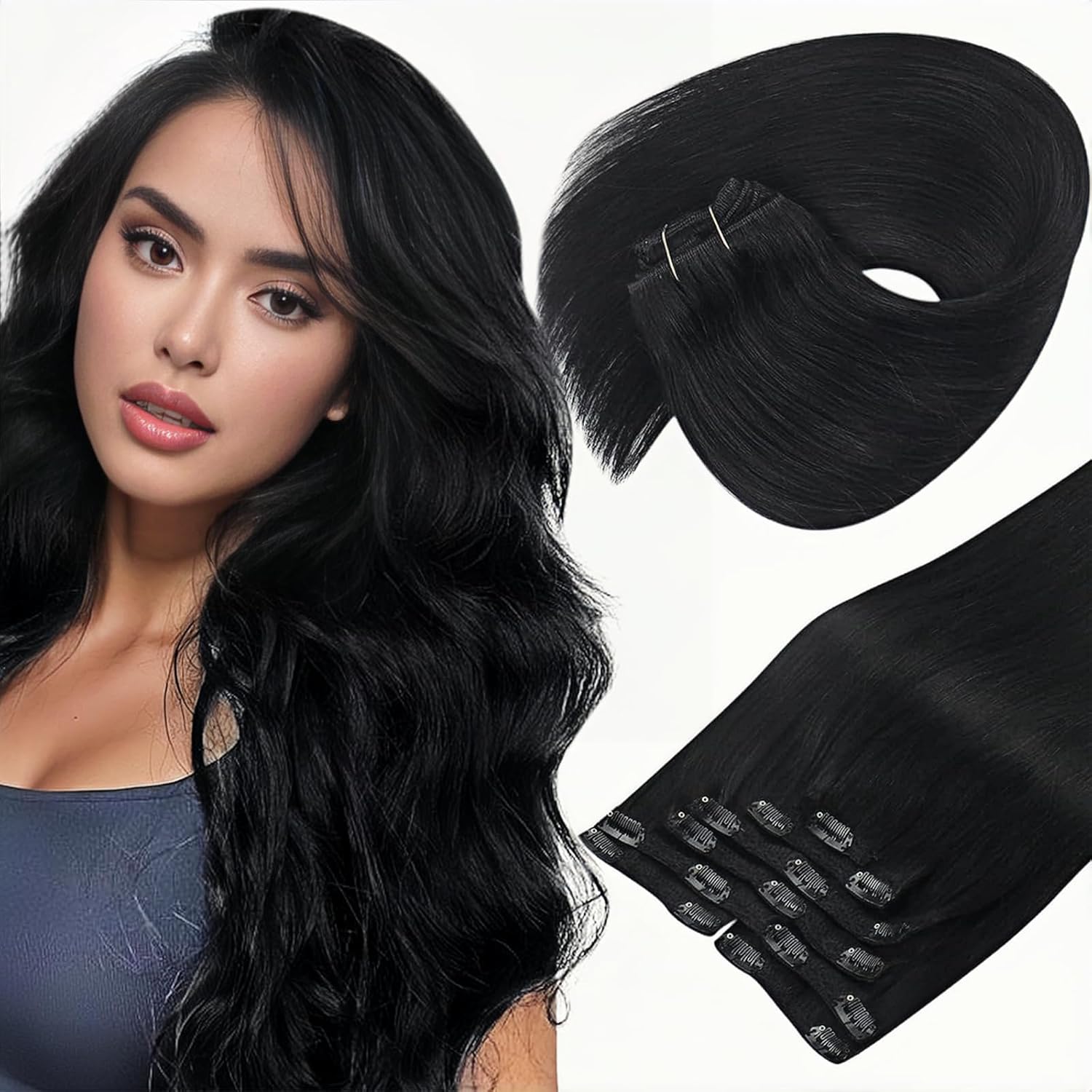 Sunny Hair – Extensiones de clip de cabello humano lacio para un aspecto natural, se mezclan muy bien con tu cabello, color negro – 18pulgadas,