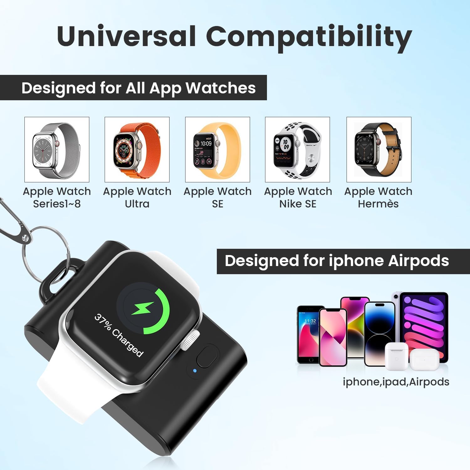 Cargador inalámbrico portátil para Apple Watch, llavero inteligente de 2000 mAh, cargador de batería mini Power Emergency Pod Compact Magnetic