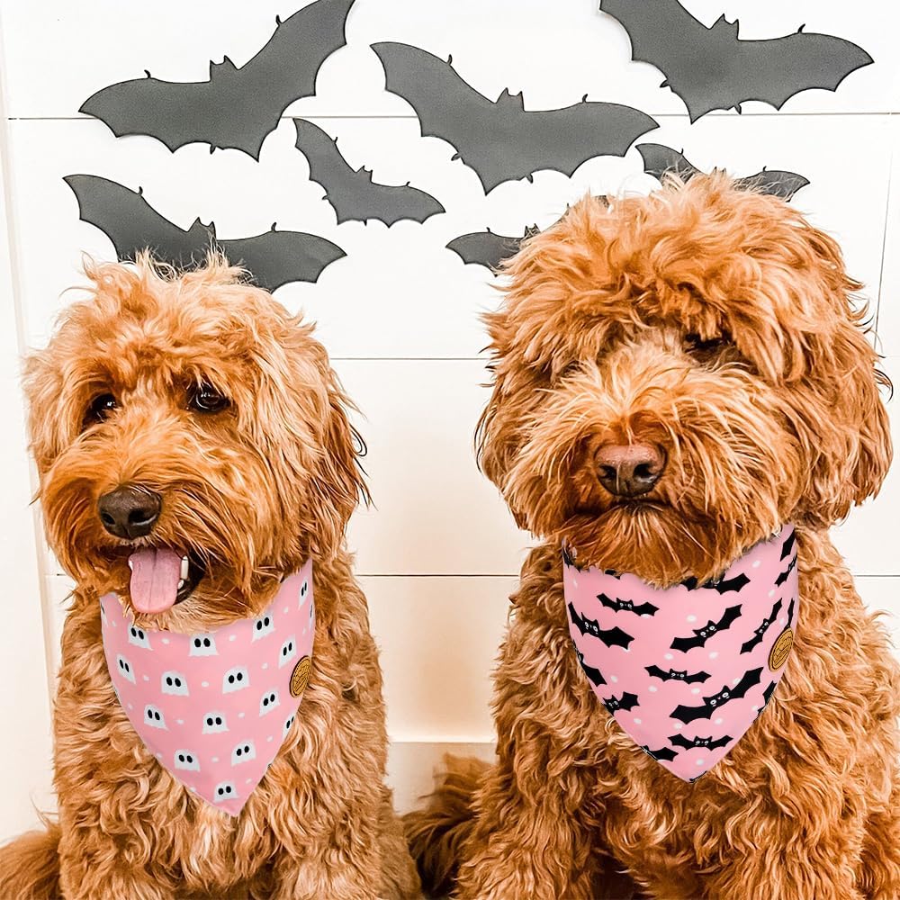 CROWNED BEAUTY Bandanas de Halloween reversibles para perros, paquete de 2 unidades, juego de murciélago fantasma, bufandas triangulares ajustables