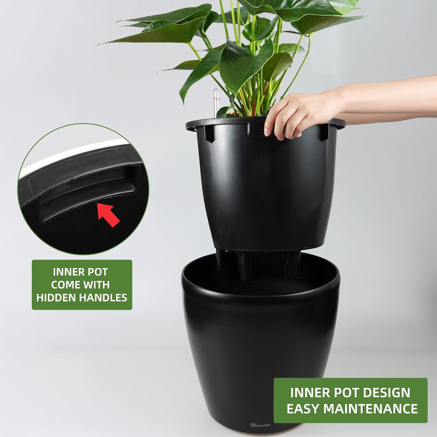 Dexceder Maceta de riego automático de 15 x 14 pulgadas con ruedas para interiores y exteriores, diseño de maceta interior, maceta gruesa de pie con
