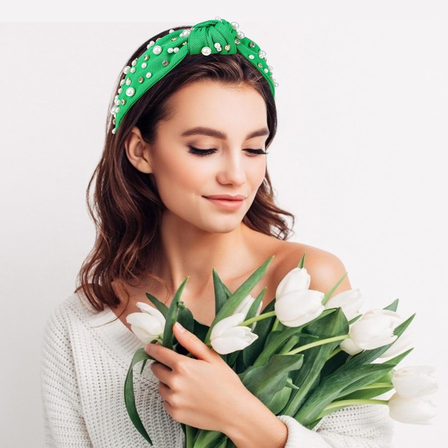 Jaciya Diademas de perlas para niñas, diademas de diamantes de imitación para mujer, diadema ancha anudada verde para mujer, diadema con cuentas