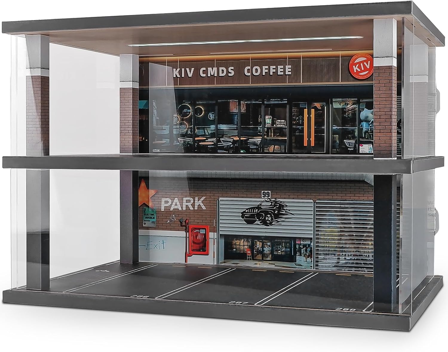 Vitrina de modelos de automóvil a escala 124 con escena de estacionamiento para juguetes de modelos de automóvil y Lego, soporte de exhibición para