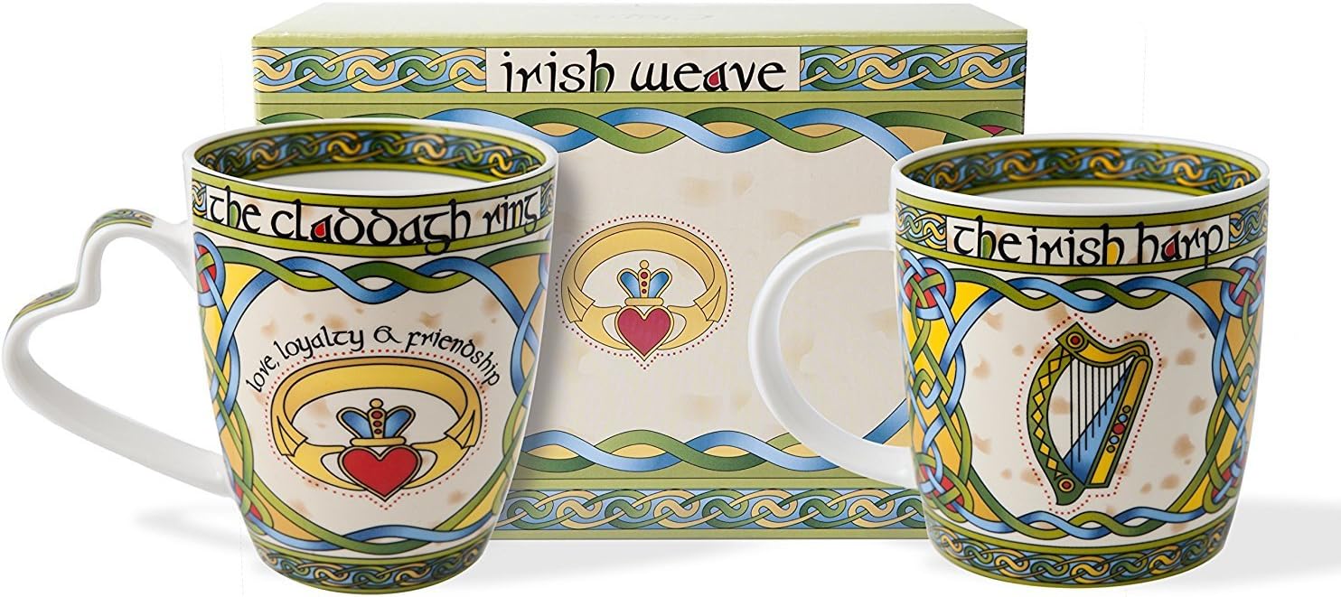Royal Tara Juego de tazas de porcelana irlandesa (claddagh irlandés y arpa) en una caja de regalo a juego de la colección Irish Weave