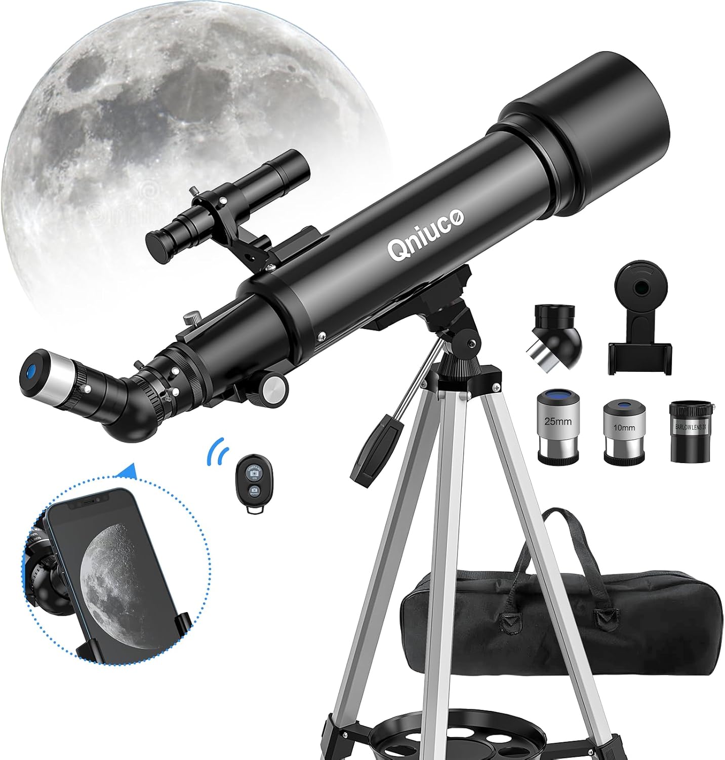 Qniuco Telescopio, 2.756 in Apertura 23.622 in Telescopios para Adultos Astronomía y Niños y Principiantes, Telescopio de refracción portátil con un