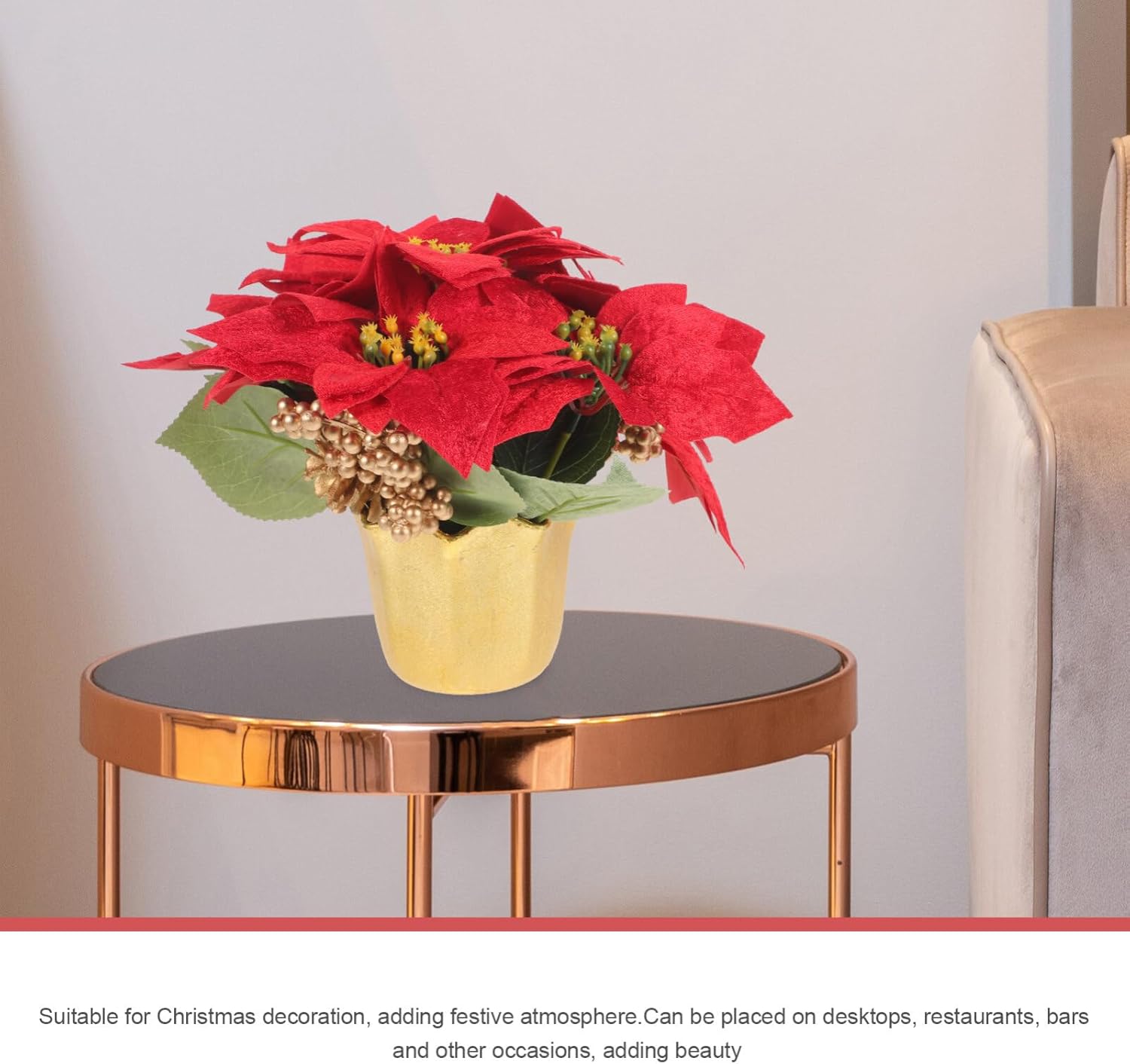 VILLCASE Planta de Pascua roja de Navidad en maceta, flores de Pascua artificiales en jarrón, bayas de pino, decoración de bandeja escalonada de