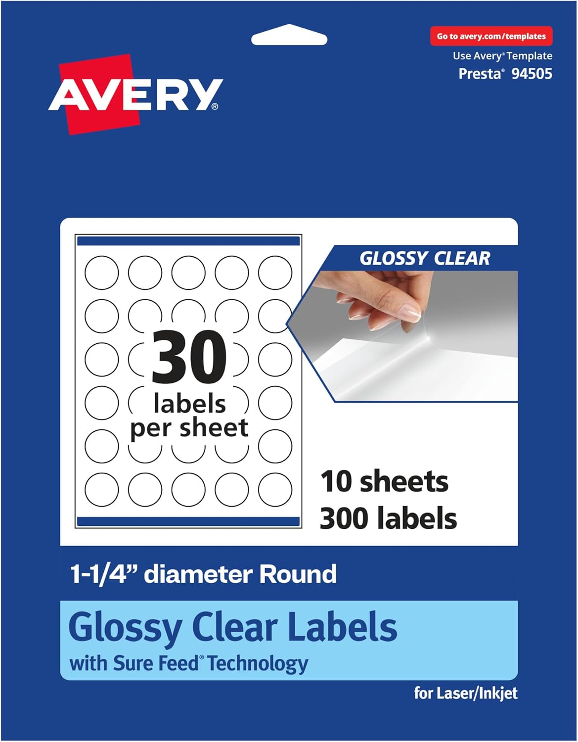 Avery Etiquetas redondas transparentes brillantes con alimentación segura, 1.25 pulgadas de diámetro, 300 etiquetas transparentes brillantes,