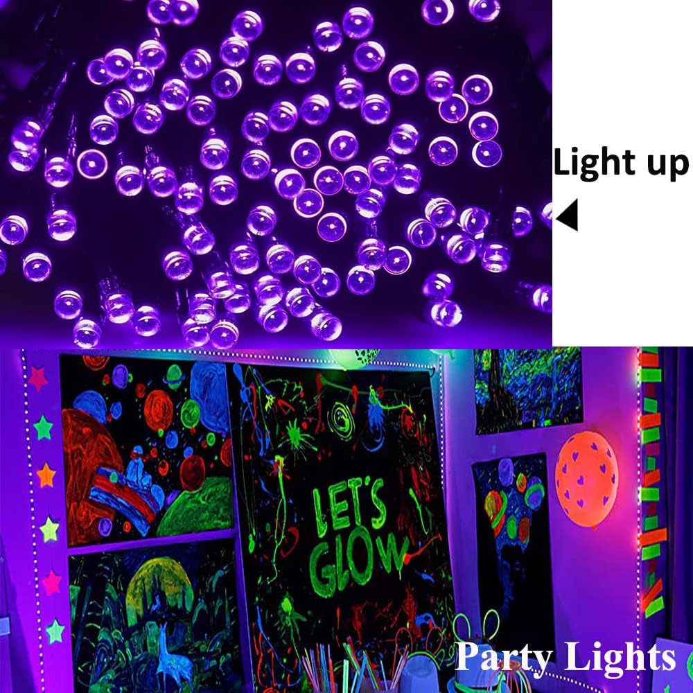 FULLBELL Tira de luces negras de luz negra, 100 LED, 33 pies, luces negras para fiesta brillante, luces negras para fiesta de cumpleaños, Halloween,