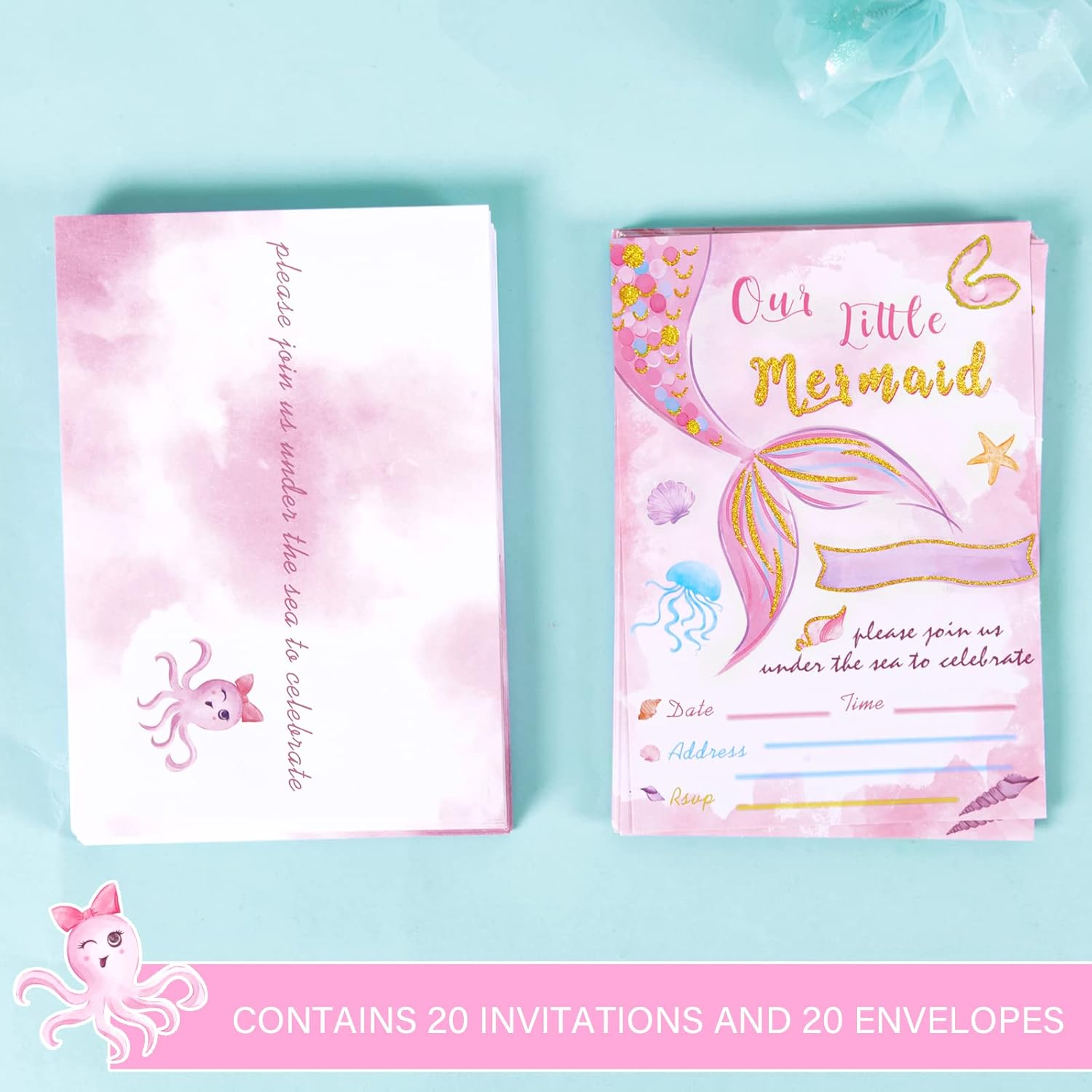 WERNNSAI Invitaciones de fiesta de sirena de acuarela, suministros de fiesta de sirena, paquete de 20 tarjetas de invitación de 5 x 7 pulgadas con