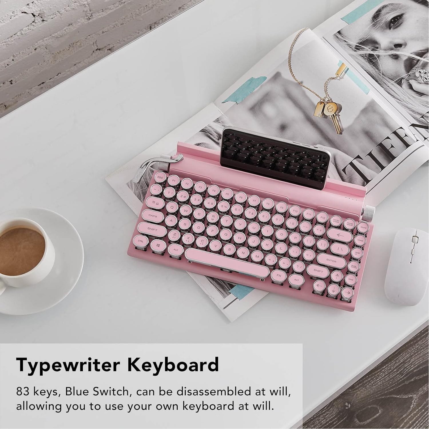 Acogedor Teclado de máquina de escribir retro, teclado vintage con interruptores azules, teclado mecánico para juegos multidispositivo, para