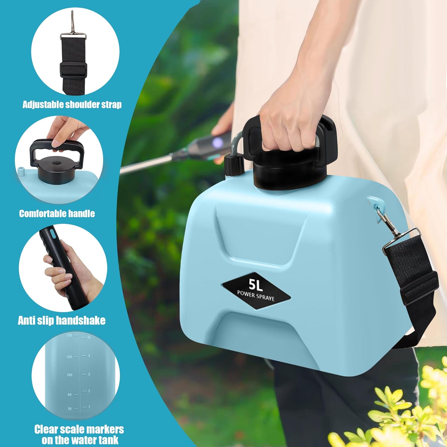 Pulverizador eléctrico a batería, 1.35 galón5L con 3 boquillas de niebla, rociador de jardín con mango recargable USB y varita retráctil, correa de