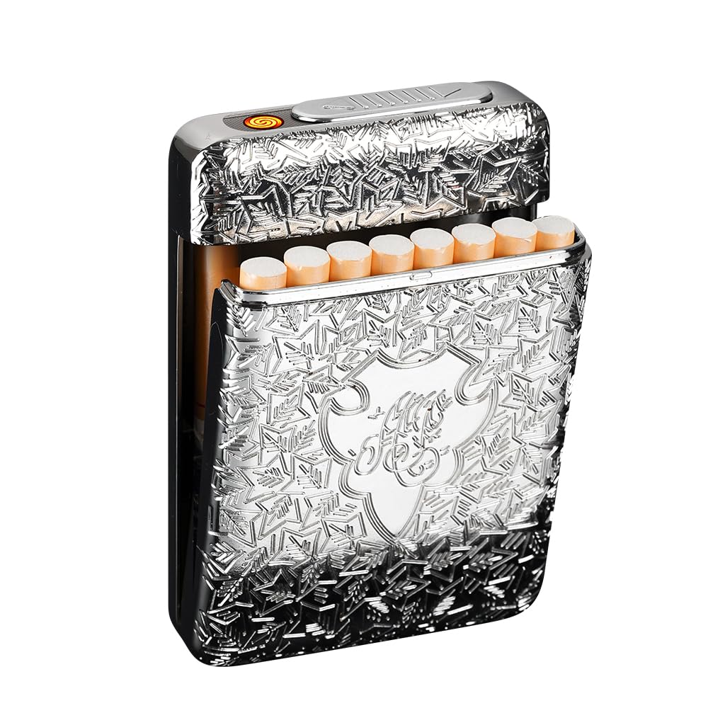 Caja de cigarrillos con encendedor USB, 16 piezas de 3.307 in de tamaño regularking cigarrillos eléctricos recargables sin llama a prueba de viento