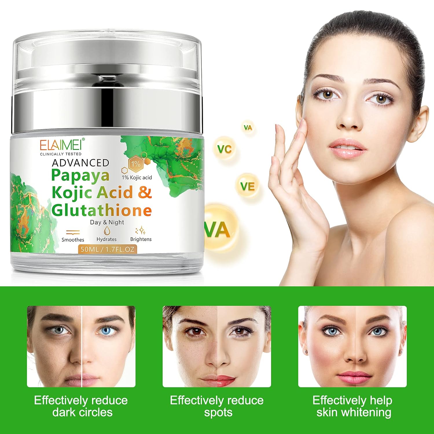 Crema para la cara, ácido kójico de papaya glutatión natural para la piel nutritiva y rejuvenecedora crema facial, crema hidratante de día y noche,