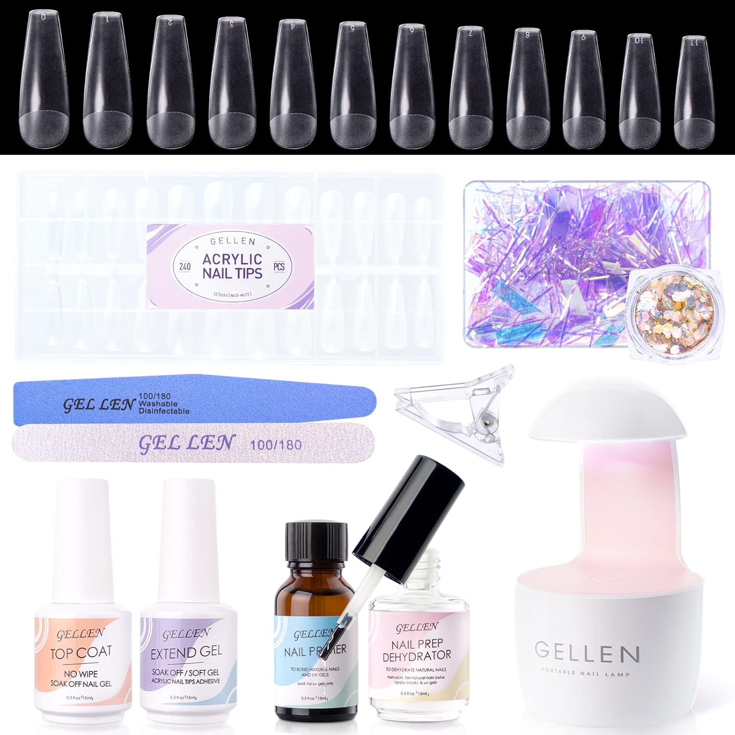 Gellen Kit de puntas de uñas y gel de pegamento, kit de uñas de gel x 240 piezas de puntas de uñas postizas mate completo, gel de pegamento de uñas