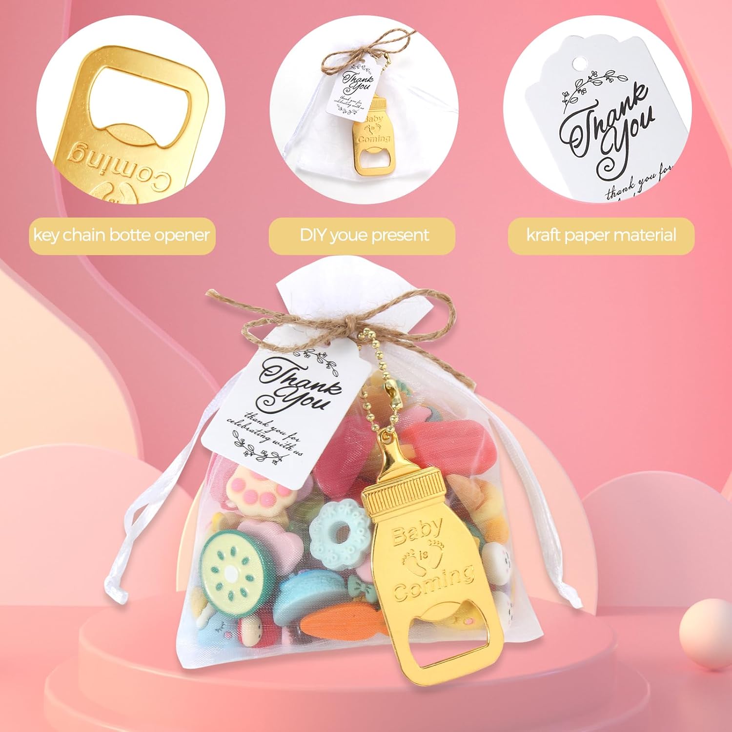 50 unidades de abrebotellas de bebé, recuerdos de baby shower para invitados, recuerdos de baby shower para invitados, bolsa de organza con