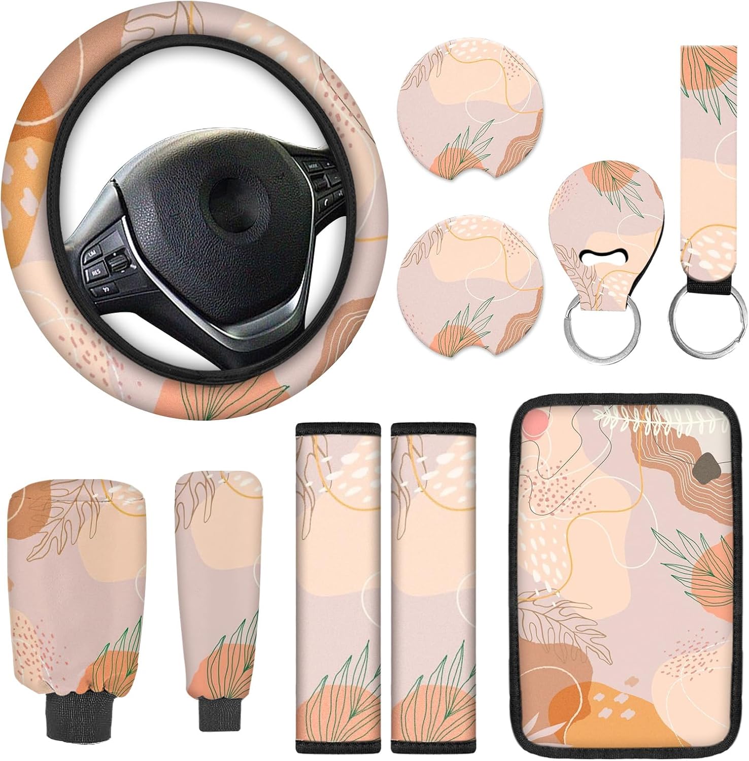 Funda para volante de automóvil con estampado de hojas rosas y naranjas, 10 unidades, almohadilla para reposabrazos de consola central, funda para