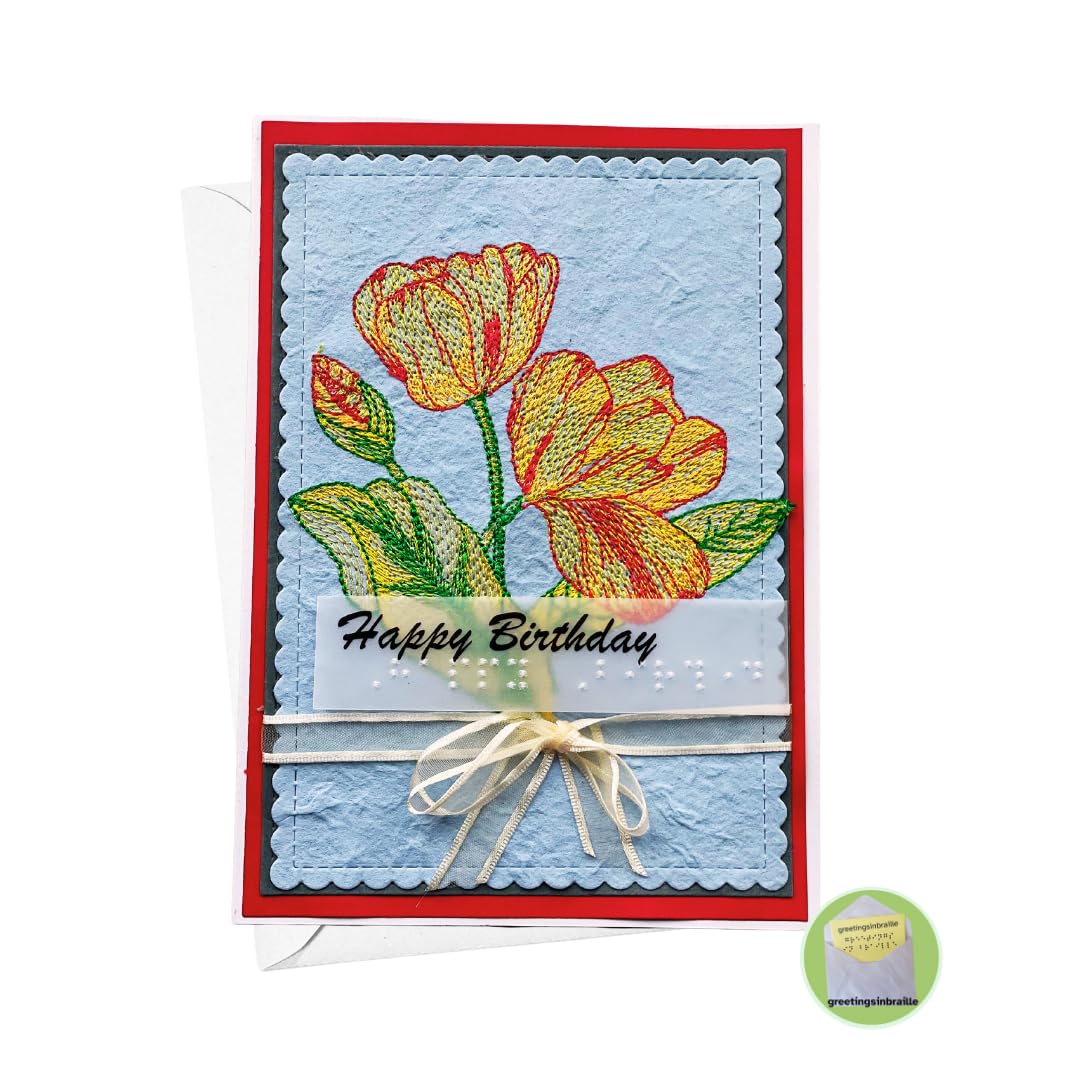 Greeting Cards – Personalized & Custom Handmade Handcrafted Card – Flower Based Message -Gift For Visually Impaired (Stitched Tulips)