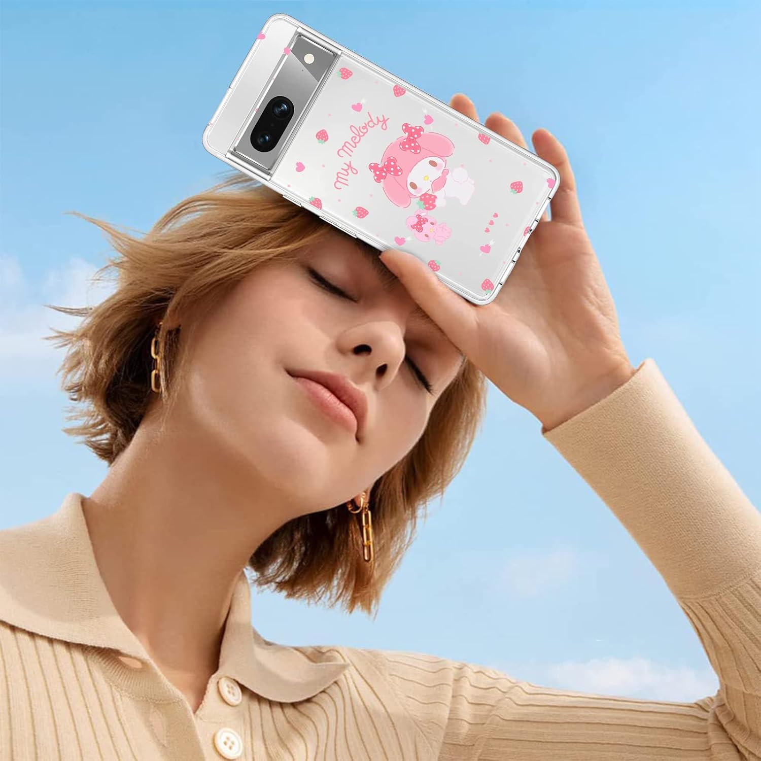 Bonita funda compatible con Google Pixel 7 de silicona transparente Pixel 7 con diseño de conejo de fresa, patrón kawaii delgado y suave TPU