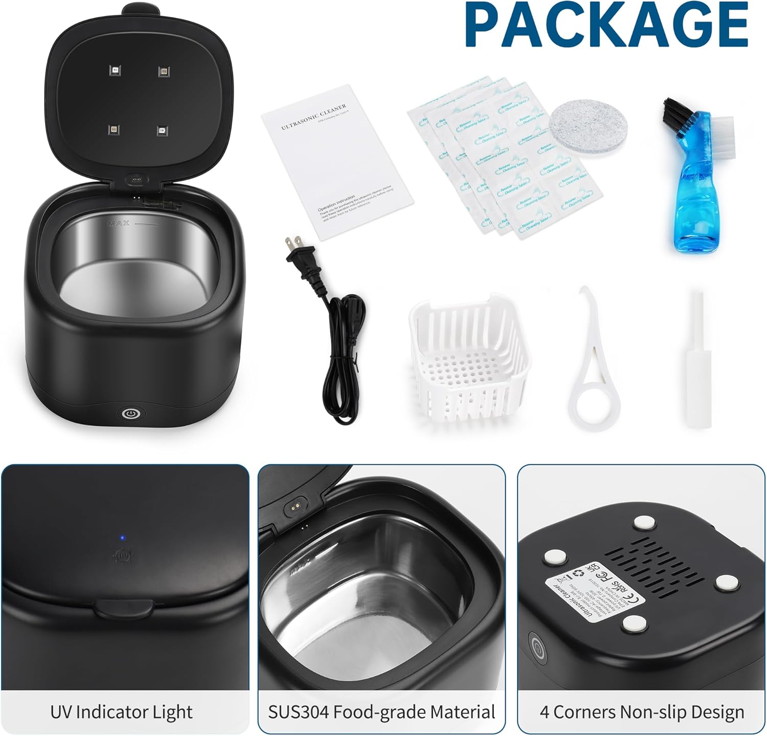 Limpiador ultrasónico con tabletas de limpieza, máquina limpiador de retenedores U-V para dentaduras, joyas, protector nocturno, cápsulas dentales,
