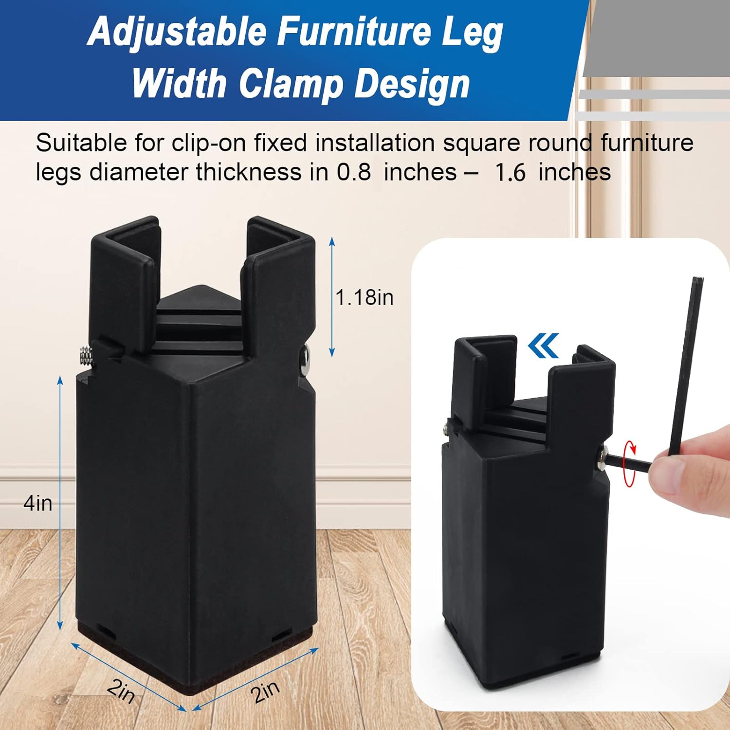 Catcan Paquete de 4 elevadores de cama ajustables de 4 pulgadas, elevadores de muebles con abrazadera de tornillo ajustable, para patas de muebles,