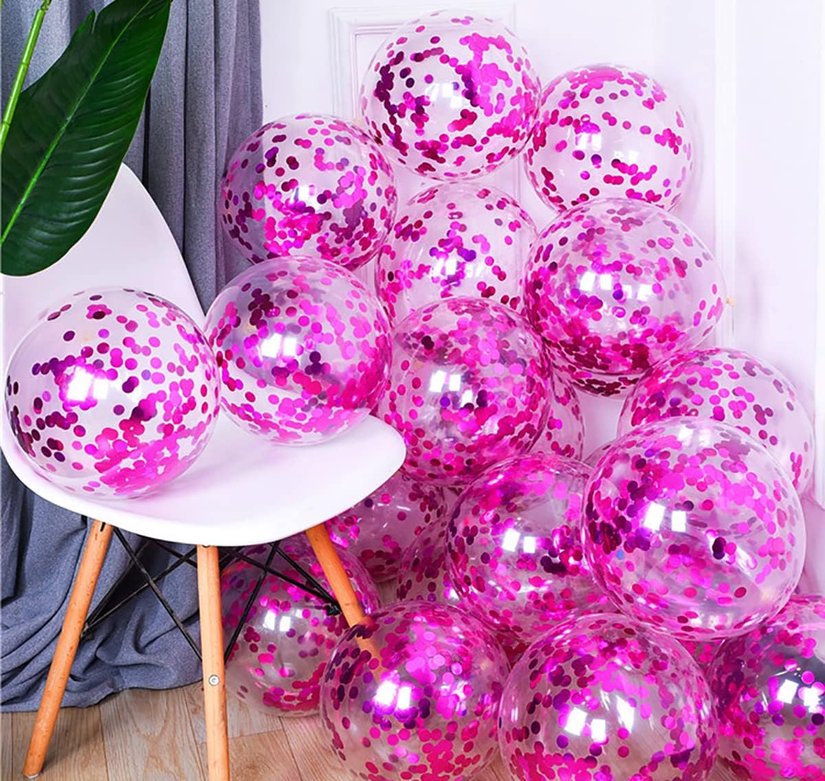 50 globos de confeti de papel de aluminio color rosa intenso, globo de látex de 12 pulgadas con confeti rosa intenso en el interior para cumpleaños,