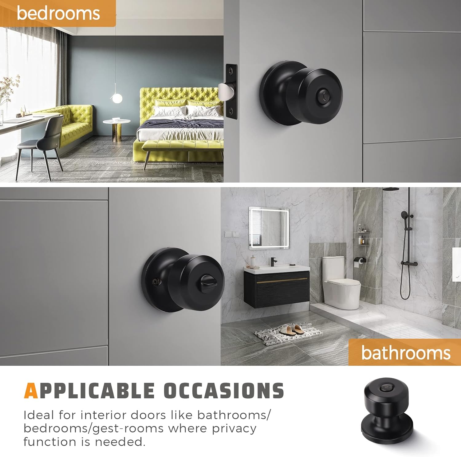 KNOBWELL – Paquete de 5 manijas de privacidad para puerta interior, para habitación o baño, color negro mate, forma circular