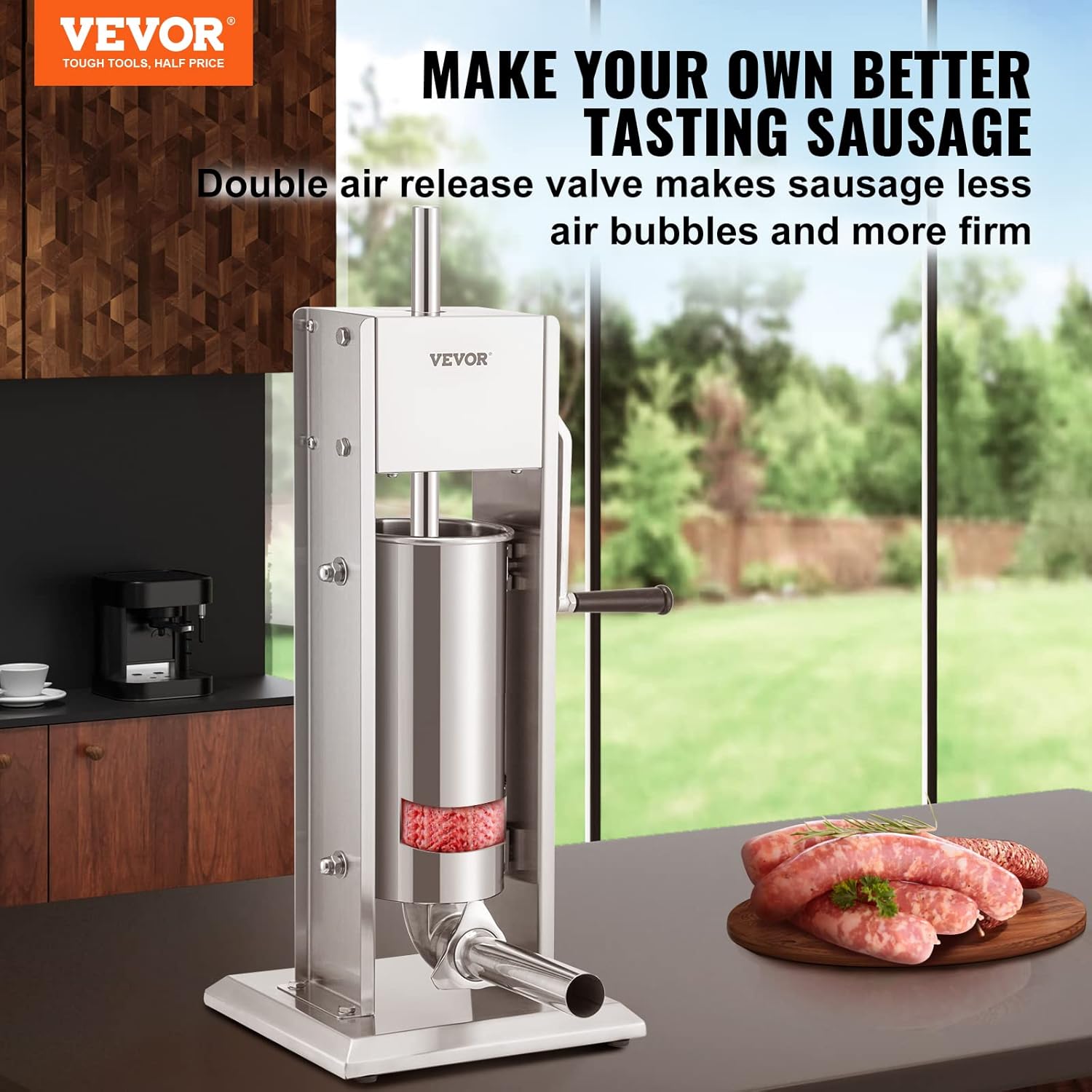 VEVOR Manual de capacidad de 11 libras5 litros, relleno vertical de acero inoxidable 304 de dos velocidades, máquina de llenado de salchichas con 4