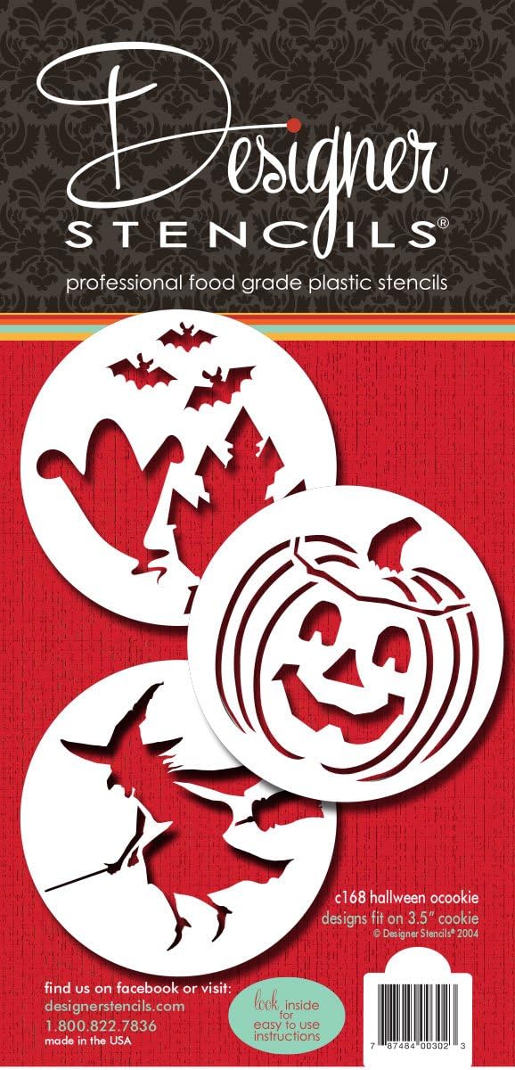 Designer Stencils Plantillas de galletas de Halloween (Bruja – Jack-o-Lantern – Fantasmas), Beigesemitransparente