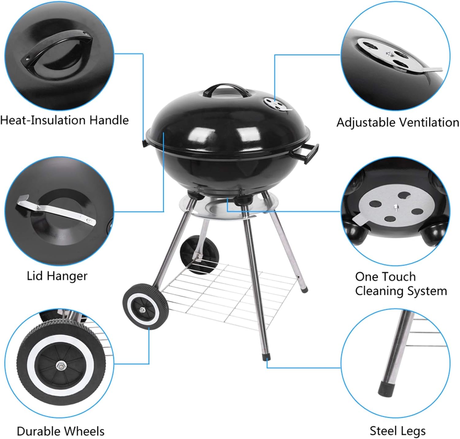 Tandagy Parrilla de carbón portátil de 18 pulgadas con ruedas y cuenco para asar, parrilla de campamento resistente para cocinar, barbacoa, patio,