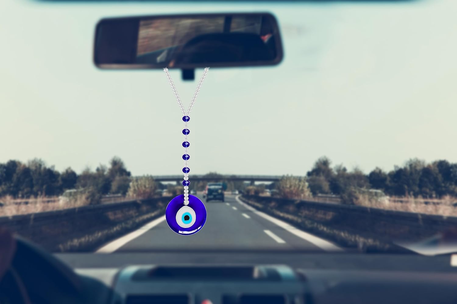 Adorno colgante de auto de mal de ojo, accesorios para mujeres y hombres, adorno colgante de cristal para espejo retrovisor (caída + forma redonda)