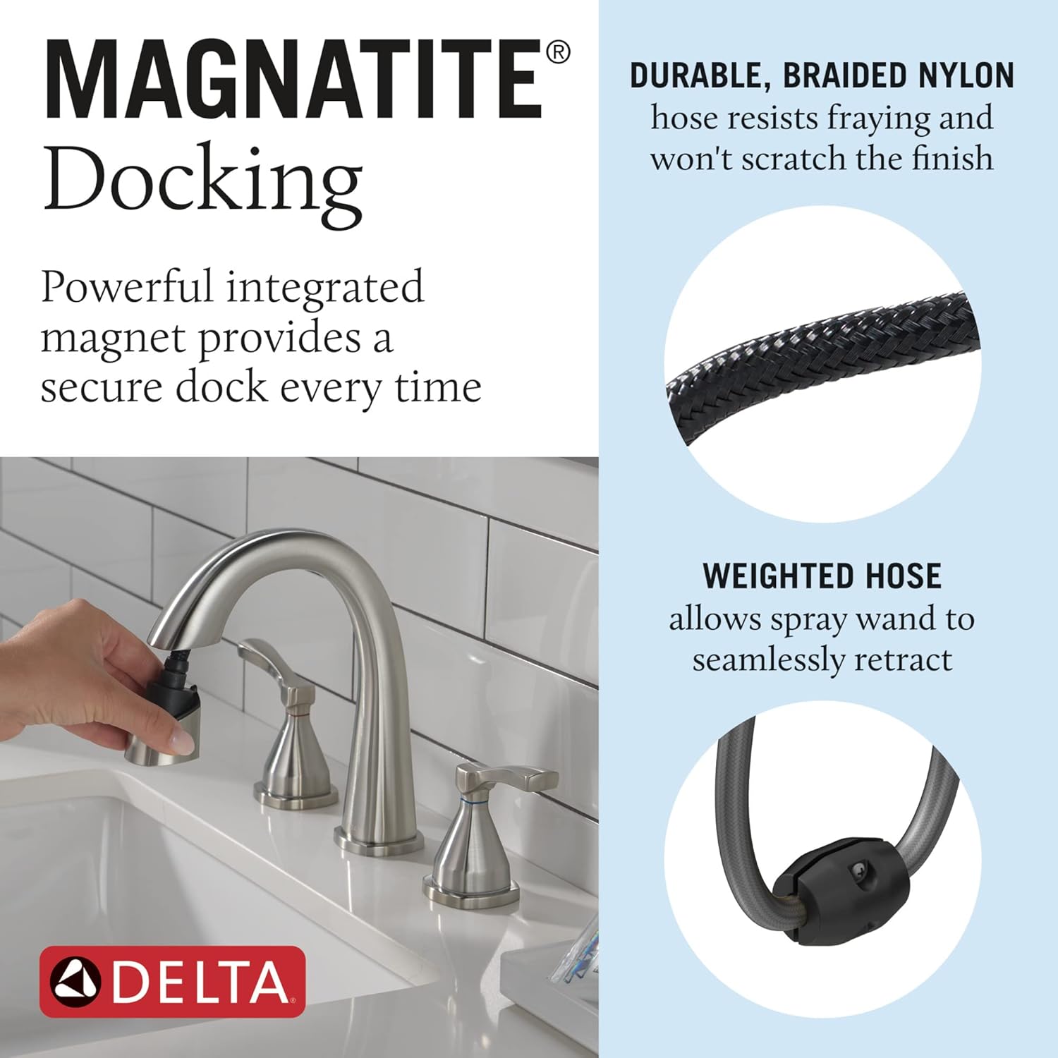 Delta Faucet Stryke Lumicoat 35775-SSPD-PR-DST – Grifo de baño extraíble para baño, níquel cepillado, 3 agujeros, grifo de lavabo de baño con base