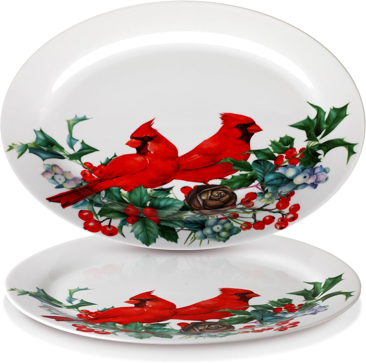 Kigley Plato ovalado de cerámica cardenal de 2 piezas de 14 x 9 pulgadas, plato ovalado de bayas de acebo, platos decorativos de acuarela cardenal