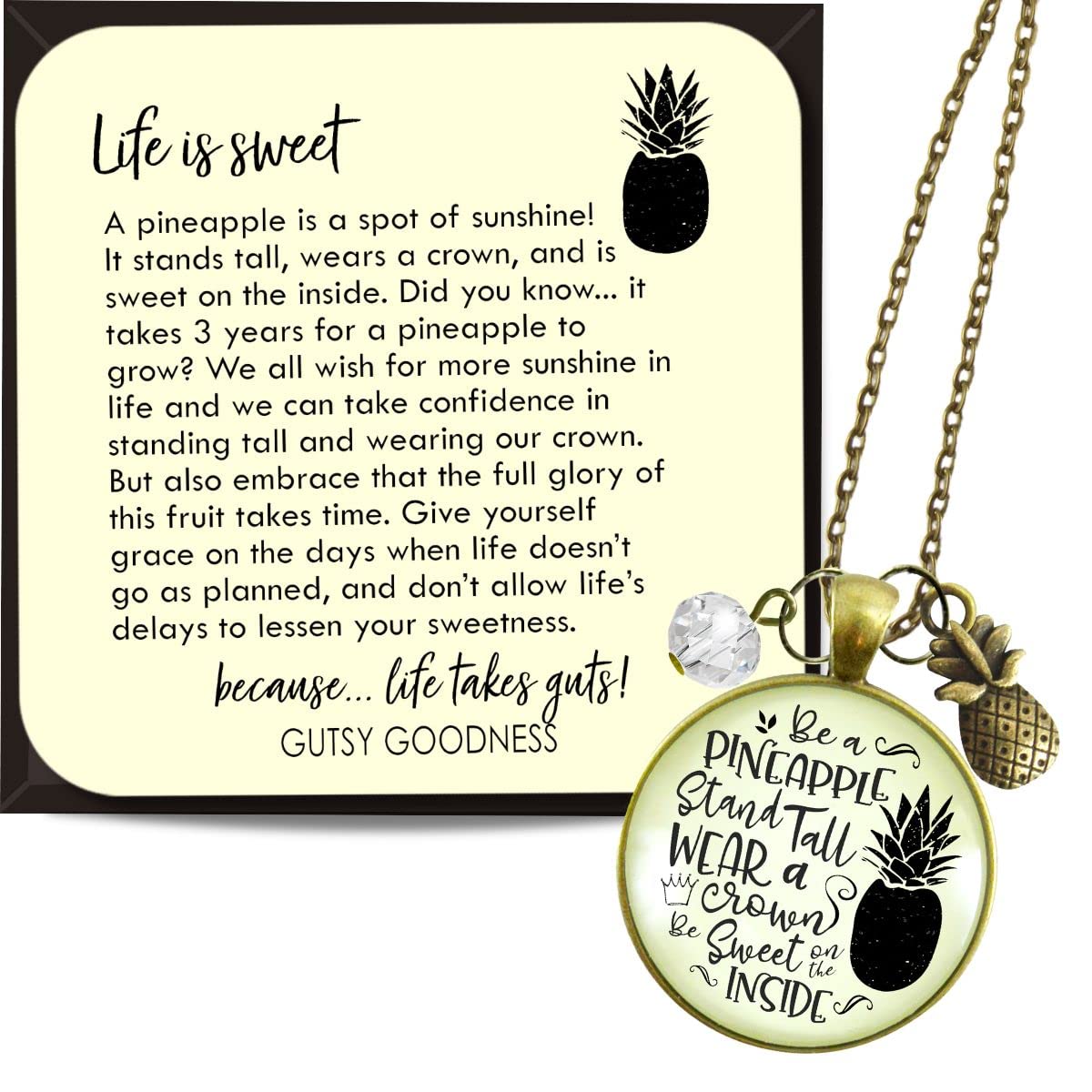 Pineapple Necklace Stand Tall Tropical Boho Style Bronze Jewelry for Women Chain 24″ – Handmade Glass Hawaiian Inspirational Quote Pendant,