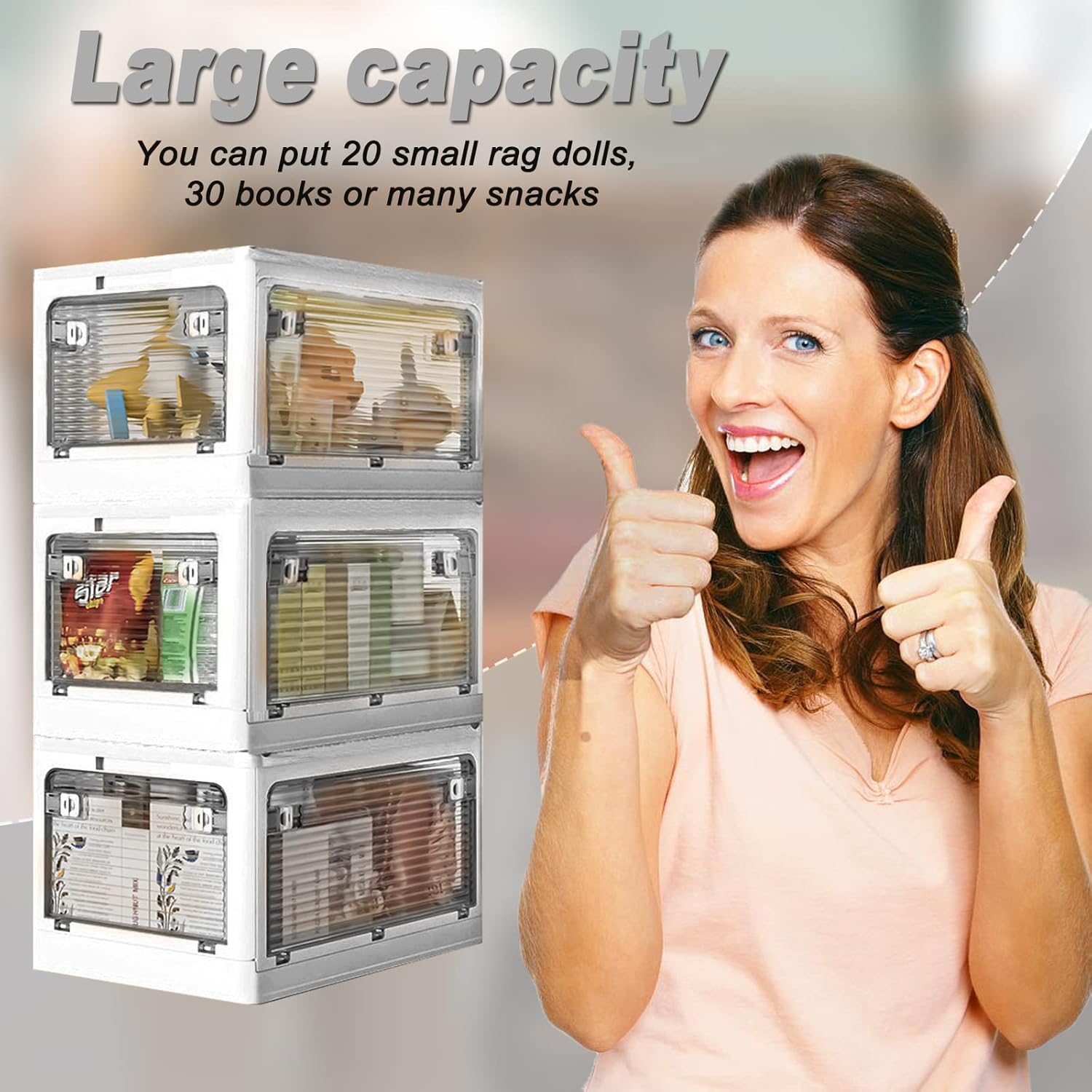 Contenedores de almacenamiento con tapa, organizador apilable plegable de 49 litros con ruedas y 5 puertas (blanco)