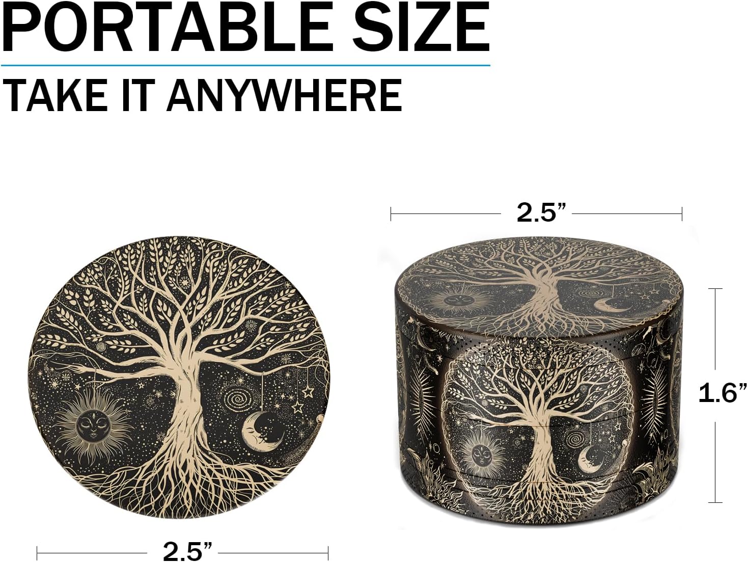Molinillo de 2.5 pulgadas, árbol de la vida dorado bohemio negro